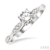 1/2 Ctw Marquise-Carved Shank Engagement Ring With 1/3 Ct Round Cut Diamond Center Stone in 14K White Gold