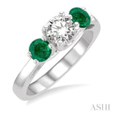4.30 MM Round Shape Emerald and 5/8 Ctw Past, Present and Future Round Cut Diamond Precious Ring in 14K White Gold