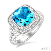 10 MM Cushion Shape Blue Topaz and 1/20 Ctw Round Cut Diamond Semi-precious Ring in Sterling Silver
