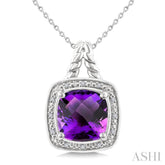 10 MM Cushion Shape Amethyst and 1/20 Ctw Single Cut Diamond Semi-precious Pendant With Chain in Sterling Silver