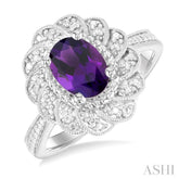 1/20 Ctw Oval Cut 8X6 MM Amethyst and Round Cut Diamond Semi-Precious Ring in Sterling Silver
