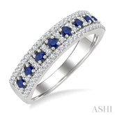2 MM Round Shape Sapphire and 1/3 Ctw Round Cut Diamond Precious Fashion Band in 14K White Gold