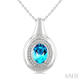 8X6 MM Oval Shape Blue Topaz and 1/20 Ctw Round Cut Diamond Semi-precious Pendant With Chain in Sterling Silver
