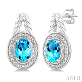 8X6 MM Cushion Shape Blue Topaz and 1/20 Ctw Round Cut Diamond Semi-Precious Earrings in Sterling Silver