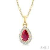 5x3 MM Pear Shape Ruby and 1/20 Ctw Round Cut Diamond Halo Precious Pendant with Chain in 14K Yellow Gold