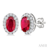 5x3 MM Oval Shape Ruby and 1/8 Ctw Single Cut Diamond Halo Precious Stud Earrings in 14K White Gold
