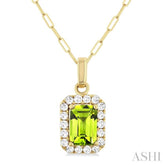 6x4 MM Octagonal Shape Peridot and 1/6 Ctw Round Cut Diamond Halo Semi-Precious Pendant with Chain in 14K Yellow Gold