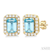 6x4 MM Octagonal Shape Aquamarine and 1/4 Ctw Round Cut Diamond Halo Semi-Precious Stud Earrings in 14K Yellow Gold