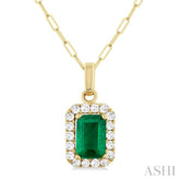 6x4 MM Octagonal Shape Emerald and 1/6 Ctw Round Cut Diamond Halo Precious Pendant with Chain in 10K Yellow Gold