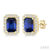 6x4 MM Octagonal Shape Sapphire and 1/4 Ctw Round Cut Diamond Halo Precious Stud Earrings in 14K Yellow Gold