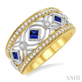 2.2&2.6 MM Princess Cut Sapphire and 1/3 Ctw Round Cut Diamond Precious Band in 14K Yellow and White Gold