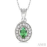 6x4 MM Oval Cut Emerald and 1/5 Ctw Round Cut Diamond Pendant in 14K White Gold with Chain