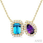 7X5 MM Emerald Cut Blue Topaz & Pear Cut Amethyst and 1/4 Ctw Toi Et Moi Round Cut Diamond Pendant With Chain in 14K Yellow Gold