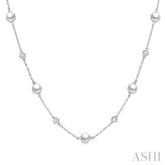 5 MM Round Shape Cultured Pearls and 1/4 Ctw Round Cut Diamond Station Necklace in 14K White Gold