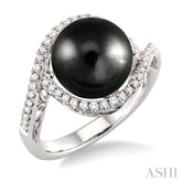 11 MM Black Cultured Pearl and 1/3 Ctw Round Cut Diamond Ring in 14K White Gold