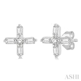 1/10 ctw Greek Cross Baguette and Round Cut Diamond Petite Earring in 10K White Gold