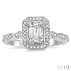 3/8 ctw Emerald Shape Round Cut and Baguette Diamond Fusion Engagement Ring in 14K White Gold