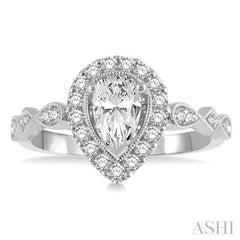 3/4 ctw Carved Shank Round Cut Diamond Engagement Ring With 3/8 ct Pear Cut Center Stone in 14K Yellow and White Gold