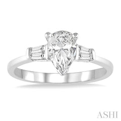 1/2 ctw Baguette and Pear Cut Diamond Ladies Engagement Ring with 1/3 ct Pear Cut Center Stone in 14K White Gold