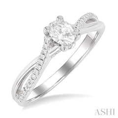 1/2 ctw Split Criss Cross Shank Round Cut Diamond Engagement Ring With 1/3 ct Oval Cut Diamond Center Stone in 14K White Gold