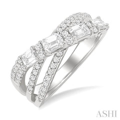 1 1/4 ctw Emerald and Round Cut Diamond Split Crossover Fashion Ring in 14K White Gold