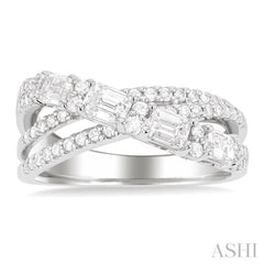 1 1/4 ctw Emerald and Round Cut Diamond Split Crossover Fashion Ring in 14K White Gold