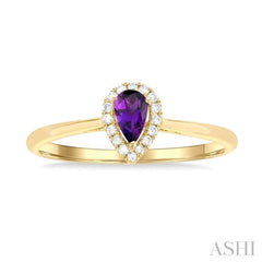 5x3 MM Pear Shape Amethyst and 1/20 ctw Single Cut Diamond Halo Semi Precious Ring in 14K Yellow Gold