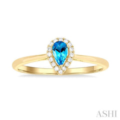 5x3 MM Pear Shape Blue Topaz and 1/20 ctw Single Cut Diamond Halo Semi Precious Ring in 10K Yellow Gold
