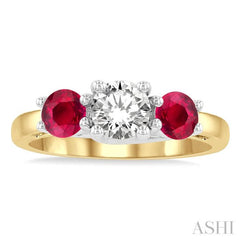 4.65 MM Round Shape Ruby and 3/4 ctw Past, Present and Future Round Cut Diamond Precious Ring in 14K Yellow and White Gold
