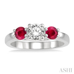 3.90 MM Round Cut Ruby and 1/2 ctw Past, Present and Future Round Cut Diamond Precious Ring in 14K White Gold