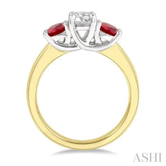 3.90 MM Round Shape Ruby and 1/2 ctw Past, Present and Future Round Cut Diamond Precious Ring in 14K Yellow and White Gold