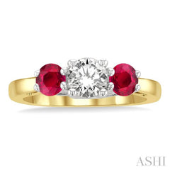 4.30 MM Round Shape Ruby and 5/8 ctw Past, Present and Future Round Cut Diamond Precious Ring in 14K Yellow and White Gold