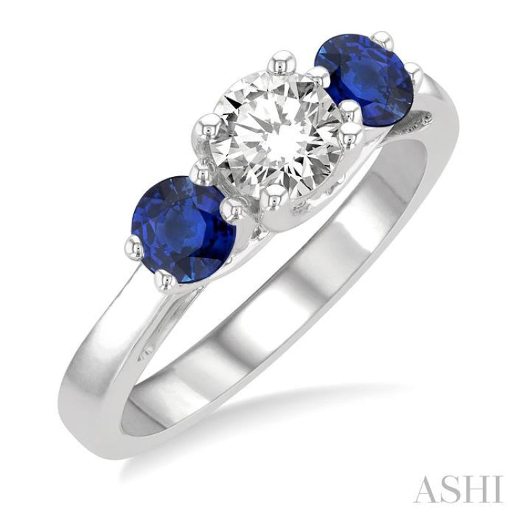 4.30 MM Round Shape Sapphire and 5/8 ctw Past, Present and Future Round Cut Diamond Precious Ring in 14K White Gold