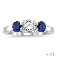 4.30 MM Round Shape Sapphire and 5/8 ctw Past, Present and Future Round Cut Diamond Precious Ring in 14K White Gold