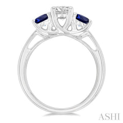 4.30 MM Round Shape Sapphire and 5/8 ctw Past, Present and Future Round Cut Diamond Precious Ring in 14K White Gold