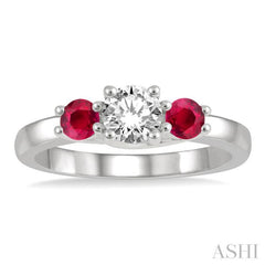 3.50 MM Round Cut Ruby and 3/8 ctw Past, Present and Future Round Cut Diamond Precious Ring in 14K White Gold