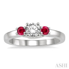 2.70 MM Round Cut Ruby and 1/3 ctw Past, Present and Future Round Cut Diamond Precious Ring in 14K White Gold