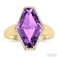16x10 MM Hexagon Shape Amethyst and 1/10 ctw Round Cut Diamond Halo Semi Precious Ring in 14K Yellow Gold