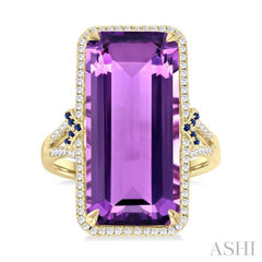 22x10 MM Emerald Cut Amethyst and 0.80 MM Round Sapphire & 1/4 ctw Round Cut Diamond Halo Precious & Semi-Precious Ring in 14K Yellow Gold