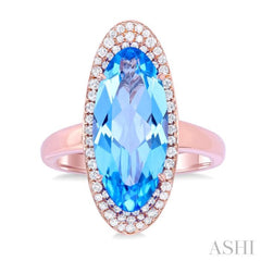 18x8 MM Oval Cut Blue Topaz and 1/3 ctw Round Cut Diamond Halo Semi Precious Ring in 14K Rose Gold