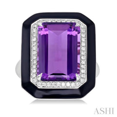 14x10 MM Emerald Cut Amethyst and 1/5 ctw Round Cut Diamond Halo & Black Enamel Border Semi Precious Ring in 14K White Gold