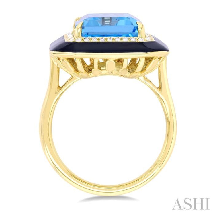14x10 MM Emerald Cut Blue Topaz and 1/5 ctw Round Cut Diamond Halo & Black Enamel Border Semi Precious Ring in 14K Yellow Gold