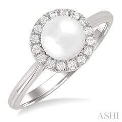 6 MM White Cultured Pearl and 1/6 ctw Round Cut Diamond Halo Ring in 14K White Gold