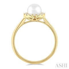 6 MM White Cultured Pearl and 1/6 ctw Round Cut Diamond Halo Ring in 10K Yellow Gold