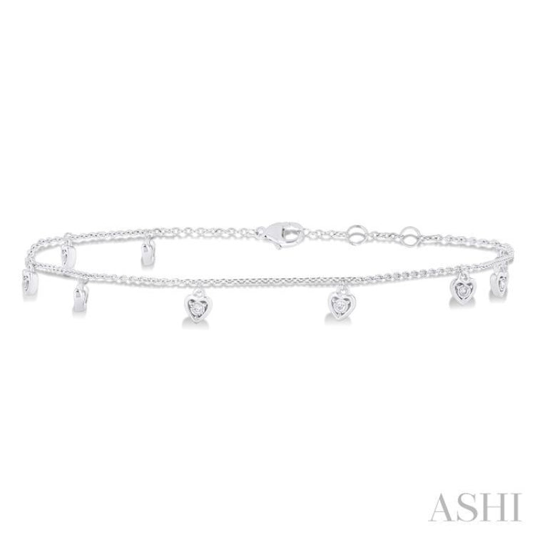 1/10 ctw Heart Charm Round Cut Diamond Station Anklet in 10K White Gold