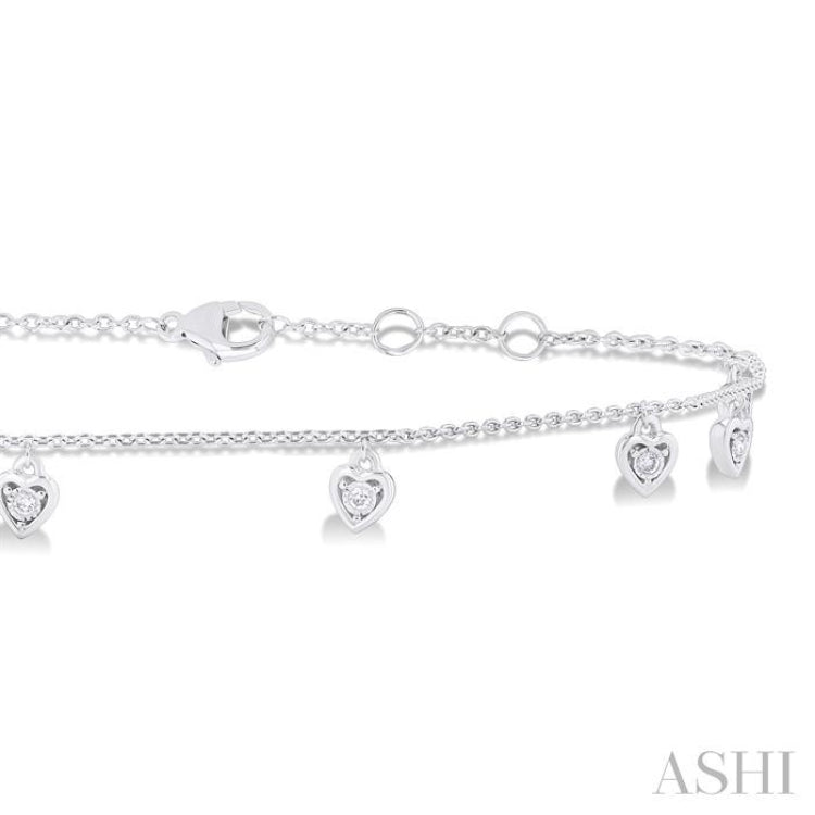 1/10 ctw Heart Charm Round Cut Diamond Station Anklet in 10K White Gold