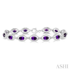 6x4 MM Oval Cut Amethyst and 1/10 Ctw Round Cut Diamond Semi-Precious Bracelet in Sterling Silver