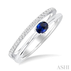 4x3 MM Oval Cut Sapphire and 1/6 Ctw Round Cut Diamond East-West Set Precious Fashion Ring in 14K White Gold