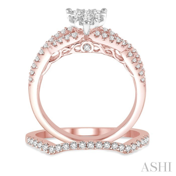 7/8 Ctw Diamond Lovebright Wedding Set with 3/4 Ctw Heart Shape Engagement Ring in Rose & White Gold and 1/6 Ctw Wedding Band in Rose Gold 14K