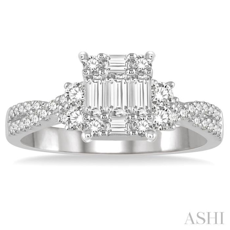 3/4 Ctw Split Criss Cross Shank Fusion Baguette and Round Cut Diamond Engagement Ring in 14K White Gold